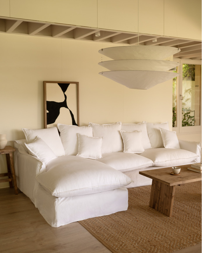 Sofa mit abnehmbarer Chaiselongue aus Baumwolle und Leinen in Weiß in verschiedenen Größen.