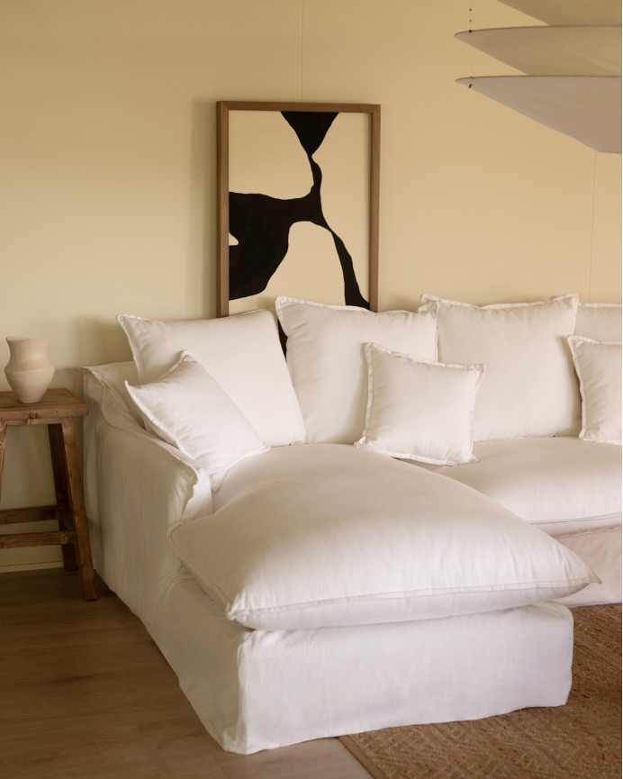 Sofa mit abnehmbarer Chaiselongue aus Baumwolle und Leinen in Weiß in verschiedenen Größen.
