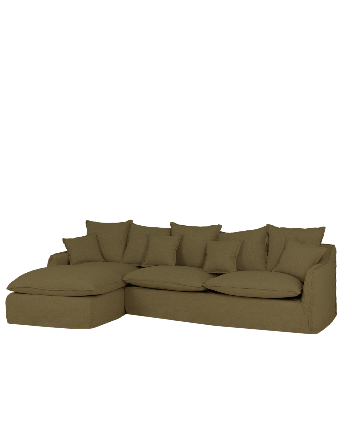 Sofa mit abnehmbarer Chaiselongue aus Baumwolle und Leinen in grüner Farbe in verschiedenen Größen.