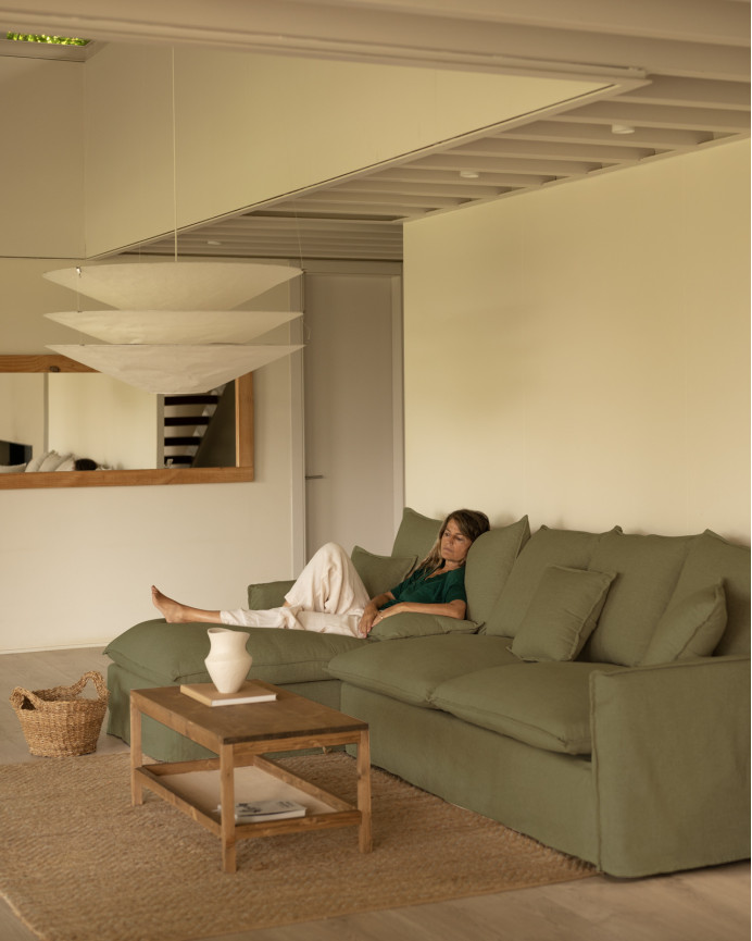 Sofa mit abnehmbarer Chaiselongue aus Baumwolle und Leinen in grüner Farbe in verschiedenen Größen.