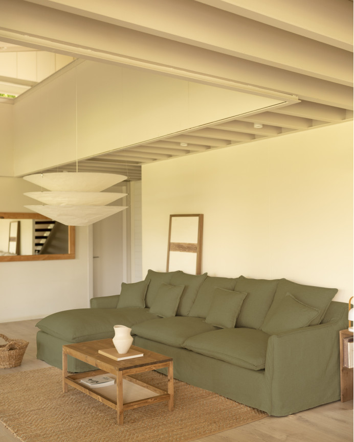 Sofa mit abnehmbarer Chaiselongue aus Baumwolle und Leinen in grüner Farbe in verschiedenen Größen.