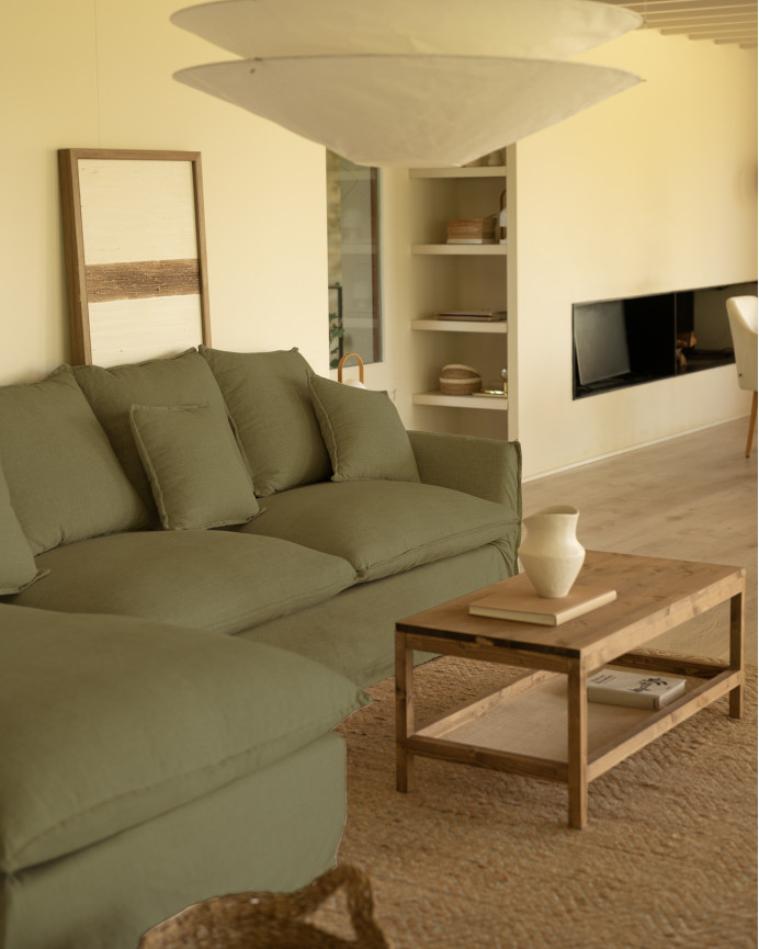 Sofa mit abnehmbarer Chaiselongue aus Baumwolle und Leinen in grüner Farbe in verschiedenen Größen.