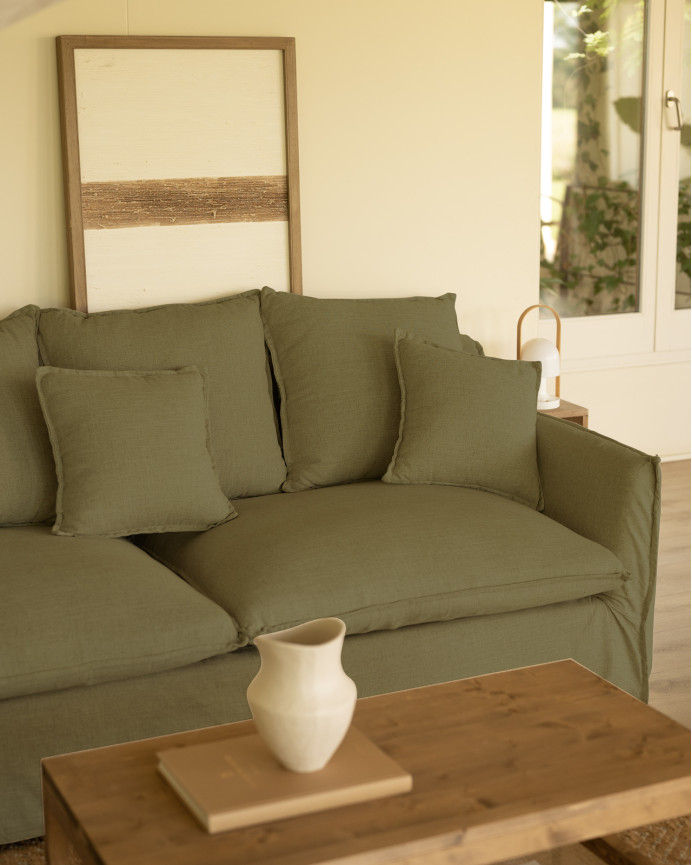 Sofa mit abnehmbarer Chaiselongue aus Baumwolle und Leinen in grüner Farbe in verschiedenen Größen.