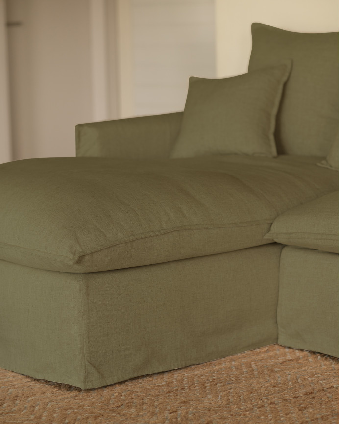 Sofa mit abnehmbarer Chaiselongue aus Baumwolle und Leinen in grüner Farbe in verschiedenen Größen.