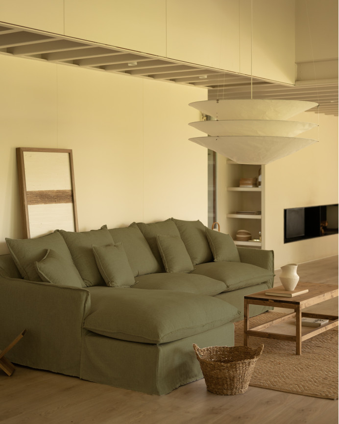 Sofa mit abnehmbarer Chaiselongue aus Baumwolle und Leinen in grüner Farbe in verschiedenen Größen.