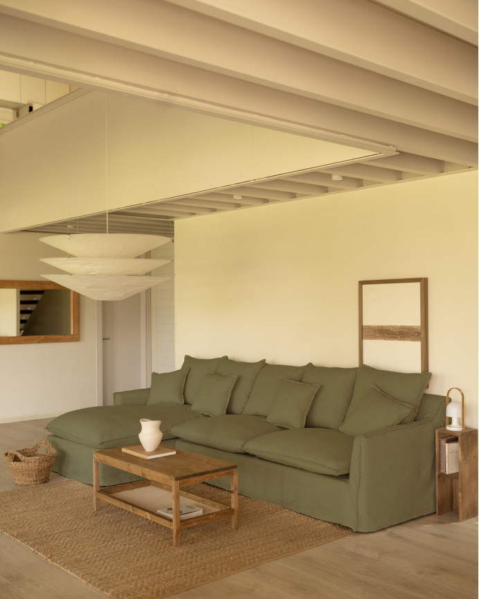 Sofa mit abnehmbarer Chaiselongue aus Baumwolle und Leinen in grüner Farbe in verschiedenen Größen.