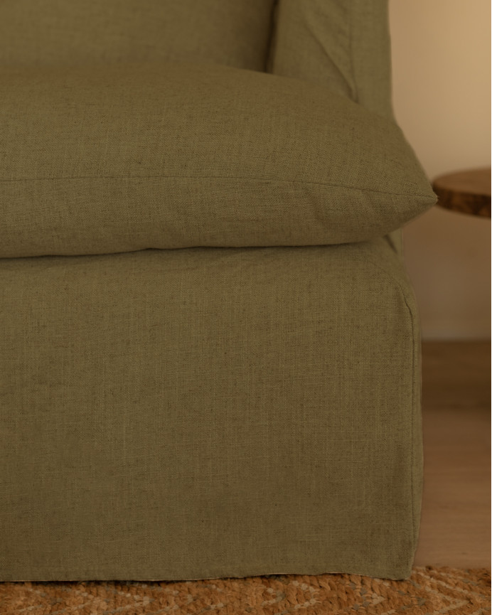 Langer Baumwoll- und Leinensofa mit grünem abnehmbarem Bezug in verschiedenen Größen.