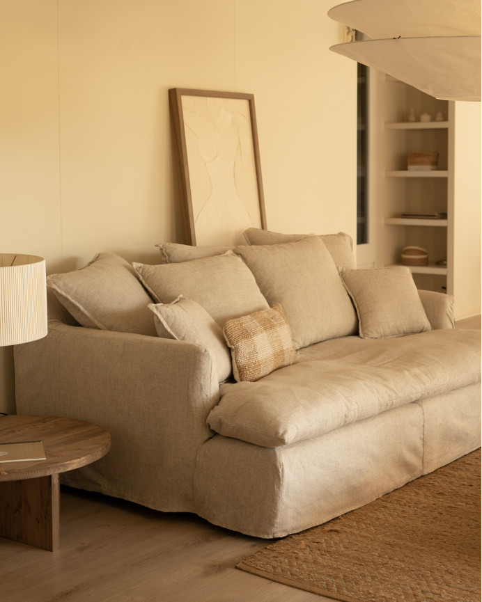 Sofa mit mittlerer Tiefe aus Baumwolle und Leinen, abnehmbarer Bezug in Beige, verschiedene Maße.