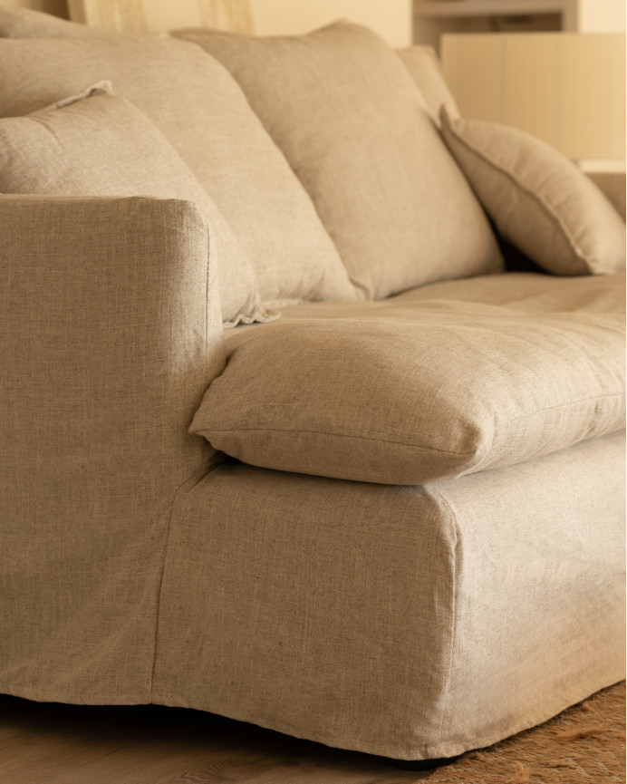 Sofa mit mittlerer Tiefe aus Baumwolle und Leinen, abnehmbarer Bezug in Beige, verschiedene Maße.