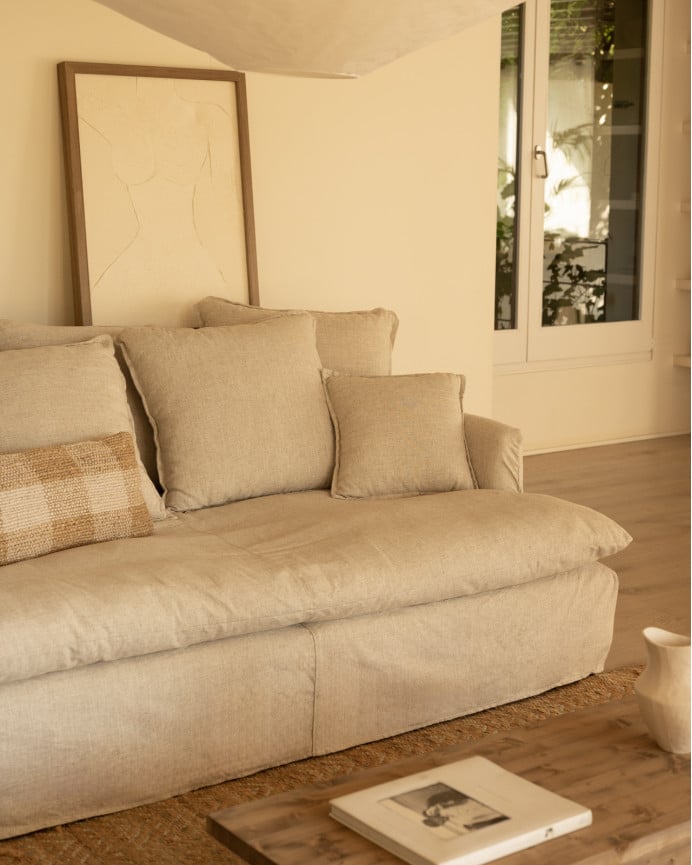 Sofa mit mittlerer Tiefe aus Baumwolle und Leinen, abnehmbarer Bezug in Beige, verschiedene Maße.