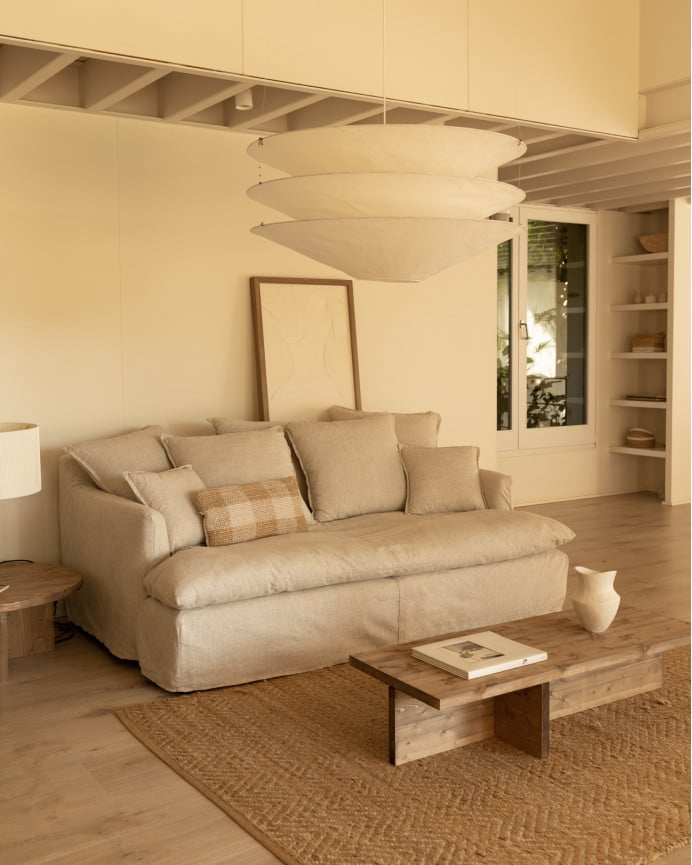 Sofa mit mittlerer Tiefe aus Baumwolle und Leinen, abnehmbarer Bezug in Beige, verschiedene Maße.
