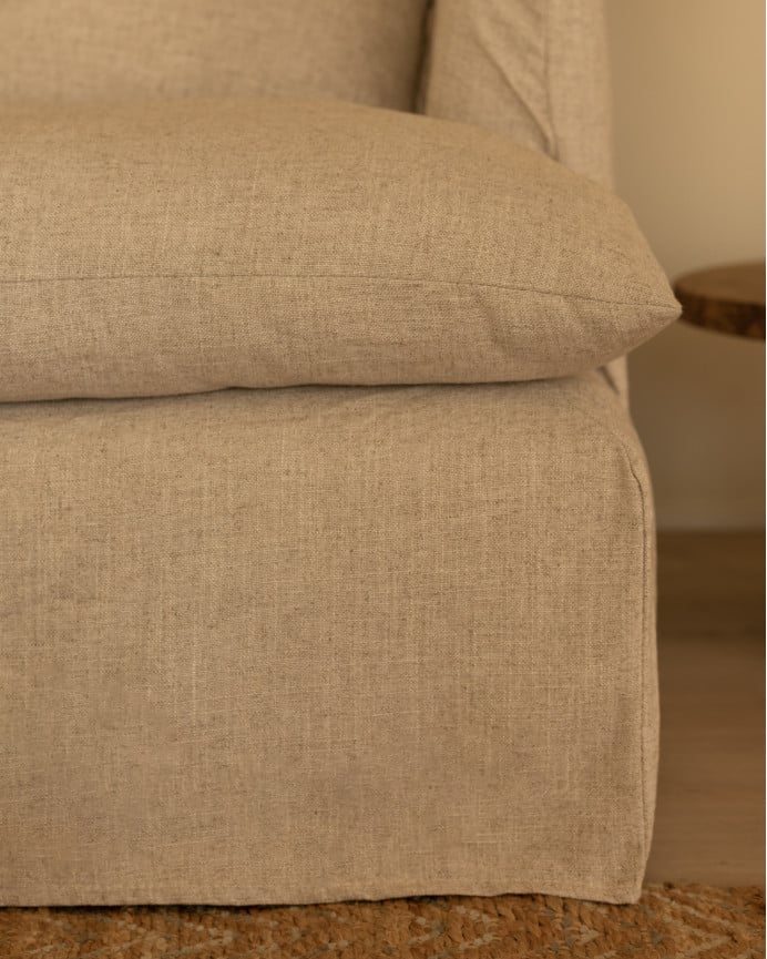 Sofa mit mittlerer Tiefe aus Baumwolle und Leinen, abnehmbarer Bezug in Beige, verschiedene Maße.
