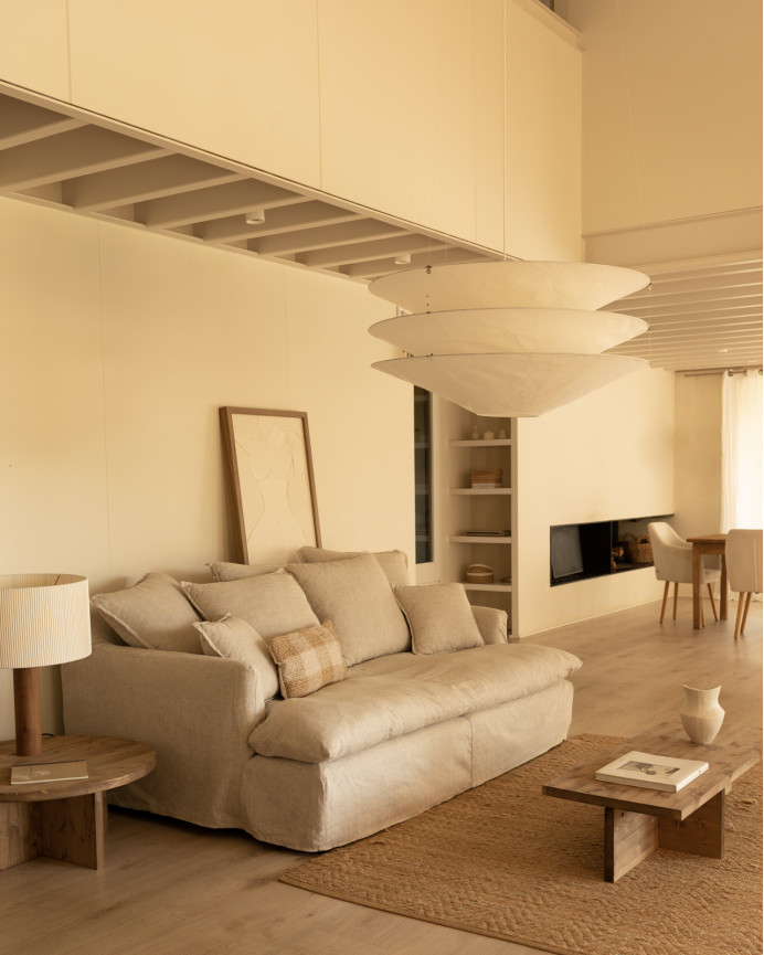 Sofa mit mittlerer Tiefe aus Baumwolle und Leinen, abnehmbarer Bezug in Beige, verschiedene Maße.