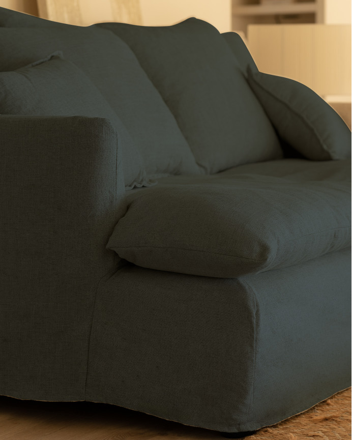 Sofa, mitteltiefe, aus abnehmbarem Baumwoll-Leinen-Gemisch, in blauer Farbe, verschiedene Größen.