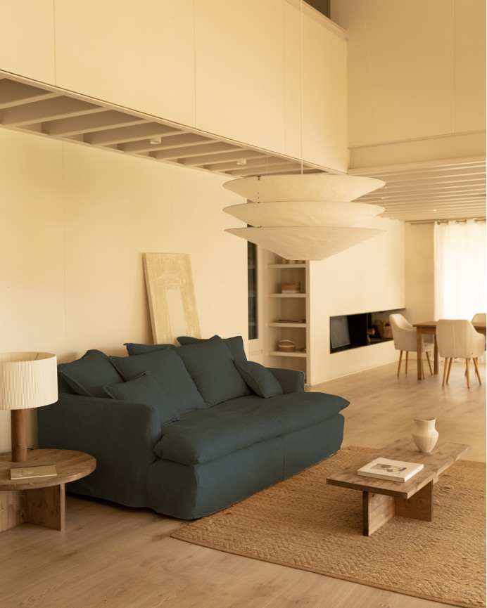 Sofa, mitteltiefe, aus abnehmbarem Baumwoll-Leinen-Gemisch, in blauer Farbe, verschiedene Größen.