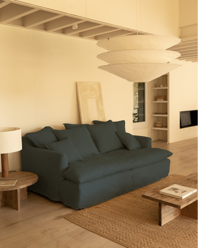 Sofa, mitteltiefe, aus abnehmbarem Baumwoll-Leinen-Gemisch, in blauer Farbe, verschiedene Größen.