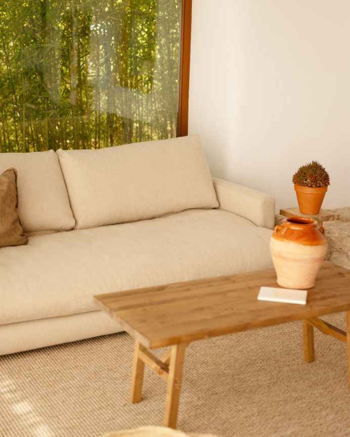 Gerade beige Sofa mit einer Länge von 216 cm.