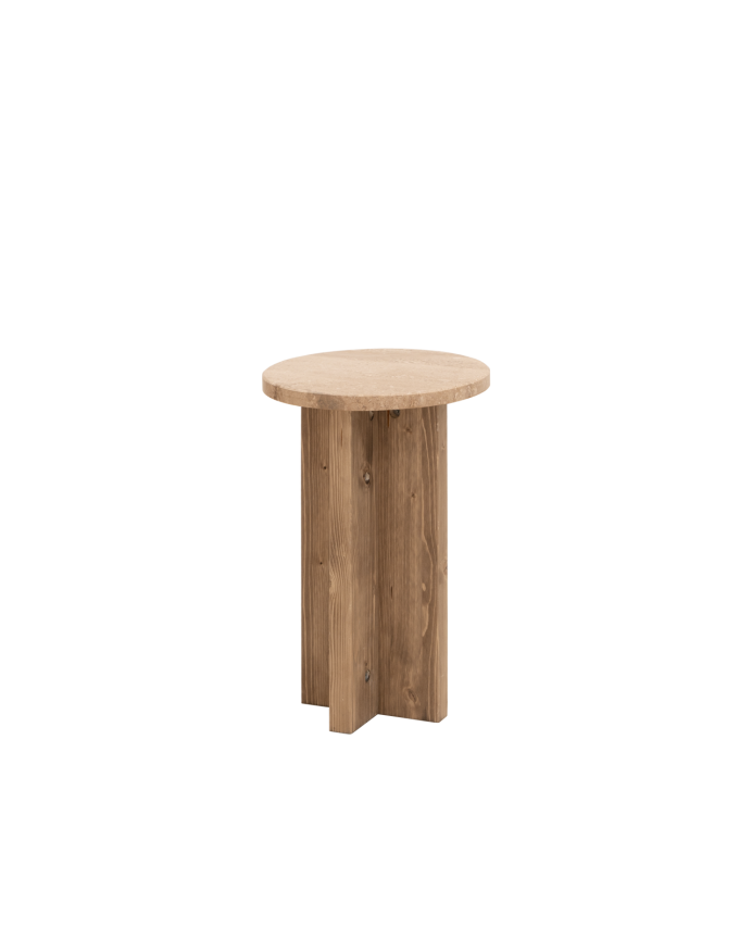 Beistelltisch aus echtem Daino-Realemarmor und massiven Holzbeinen mit Ø28cm.
