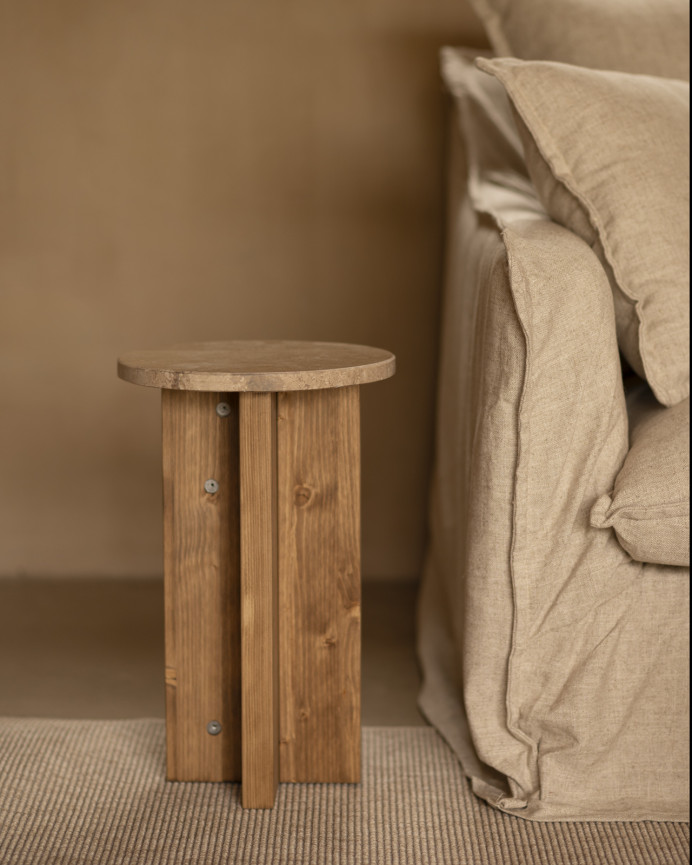 Beistelltisch aus echtem Daino-Realemarmor und massiven Holzbeinen mit Ø28cm.