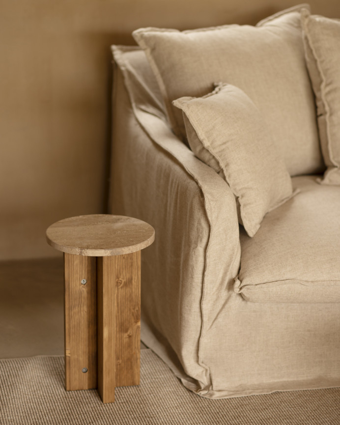 Beistelltisch aus echtem Daino-Realemarmor und massiven Holzbeinen mit Ø28cm.