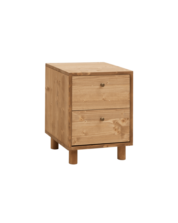 Nachttisch aus massivem Holz mit zwei Schubladen in mittlerer Eichenfarbe, 51x38cm.