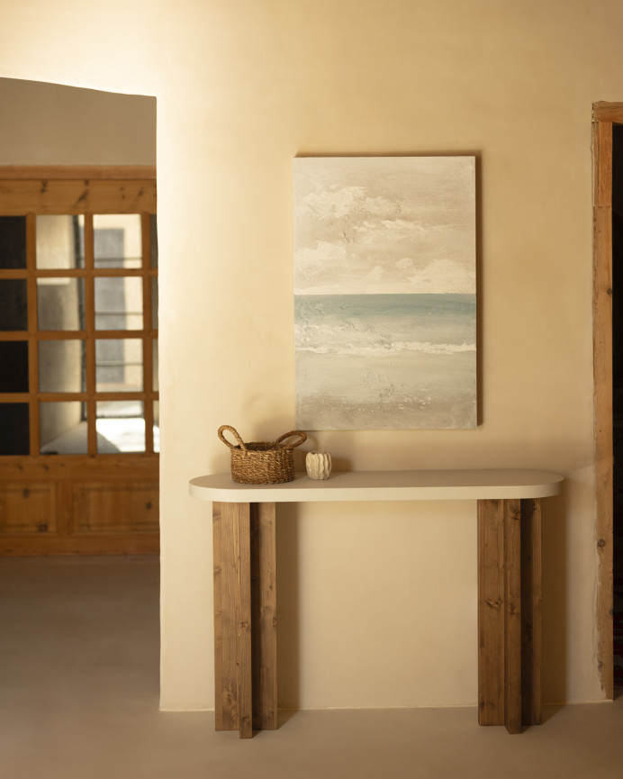 Dekoratives beige und blaues Gemälde auf Baumwollleinwand mit Holzrahmen, handbemalt mit Ölfarbe in verschiedenen Größen.