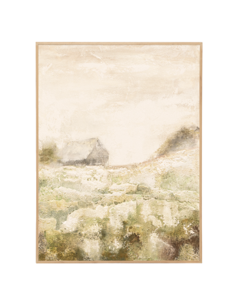 Beige und grünes dekoratives Gemälde auf Baumwolle mit einem handbemalten Holzrahmen in verschiedenen Ölmaßen.