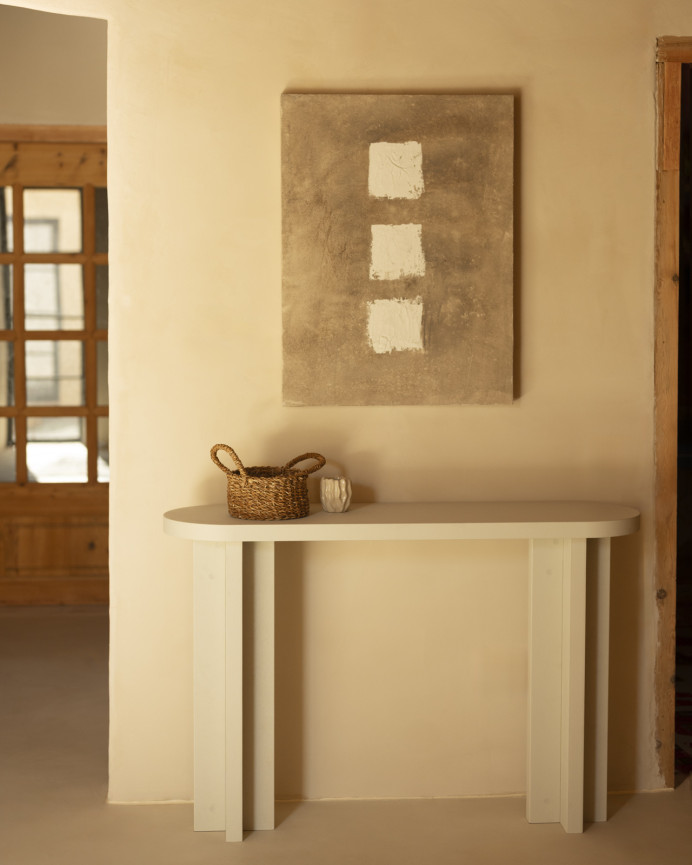 Dekoratives beige weißes Gemälde auf Baumwolle mit handbemaltem Holzrahmen, gemalt mit Ölfarbe in verschiedenen Größen.