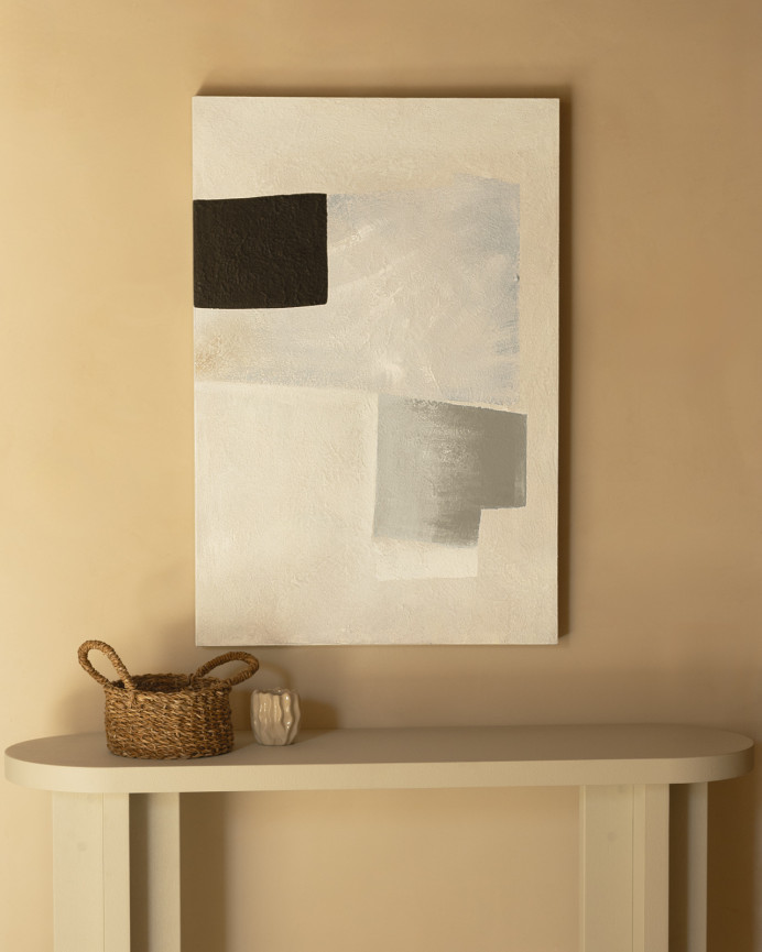 Dekoratives beige und schwarzes Gemälde auf Leinwand mit handbemaltem Holzrahmen, gemalt mit Ölfarbe in verschiedenen Größen.