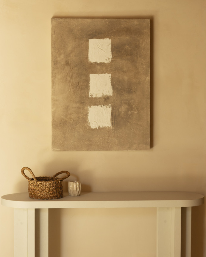 Dekoratives beige weißes Gemälde auf Baumwolle mit handbemaltem Holzrahmen, gemalt mit Ölfarbe in verschiedenen Größen.