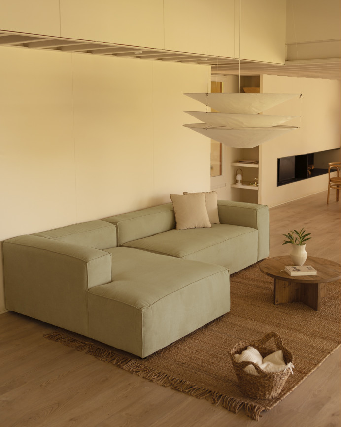 Sofa mit Chaiselongue aus limagrüner Samtstoff in verschiedenen Größen