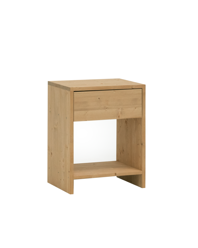 Nachttisch aus massivem Holz mit einer Schublade in mittlerem Eichenton in verschiedenen Größen.