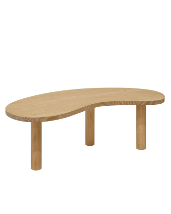 Massiver Couchtisch aus Holz mit organischen Formen in mittlerem Eichenfarbton in verschiedenen Größen