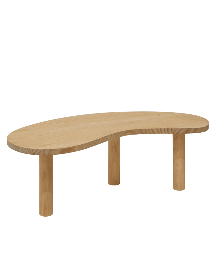 Massiver Couchtisch aus Holz mit organischen Formen in mittlerem Eichenfarbton in verschiedenen Größen