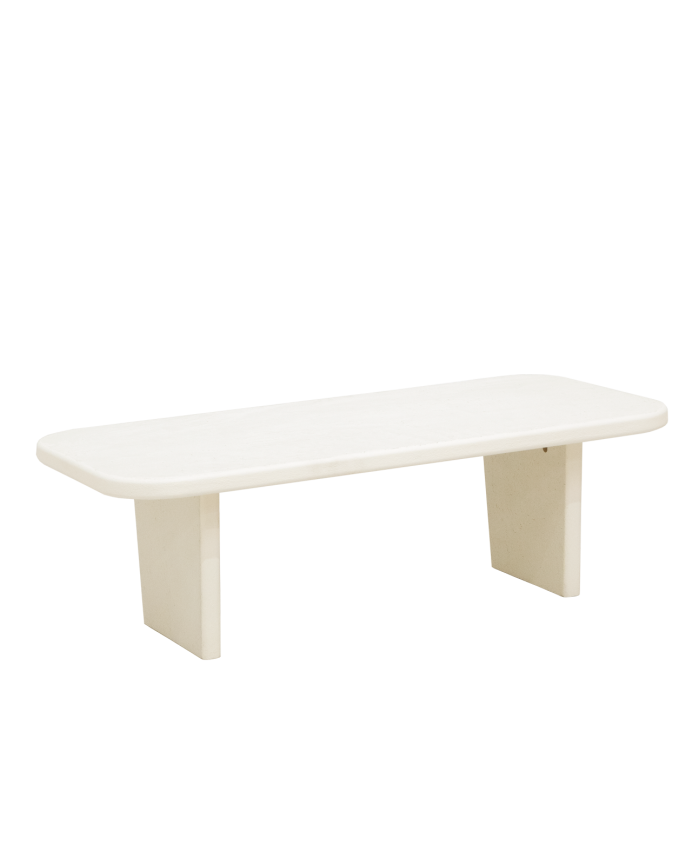 Mitteltisch aus Mikrozement mit zwei Beinen in einem gebrochenen Weißton, 95 cm.