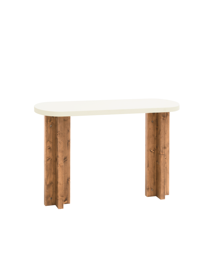 Küchenarbeitsplatte aus Mikrozement und Beine aus dunklem Eichenholz in den Maßen 120x80cm.