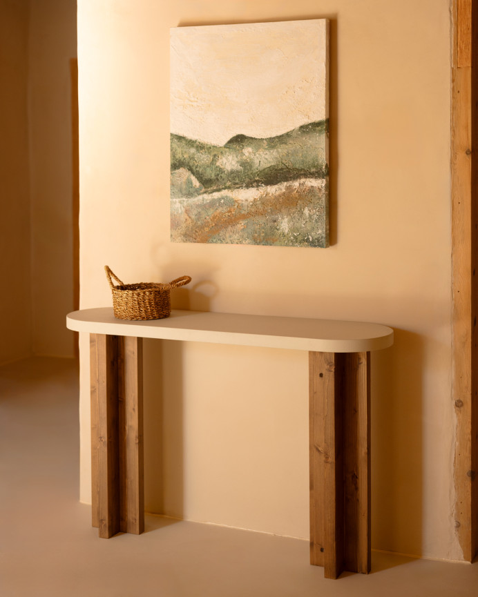 Küchenarbeitsplatte aus Mikrozement und Beine aus dunklem Eichenholz in den Maßen 120x80cm.