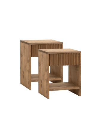 2er Set massives Holz-Nachttisch mit einer Schublade in dunkler Eiche in verschiedenen Größen.