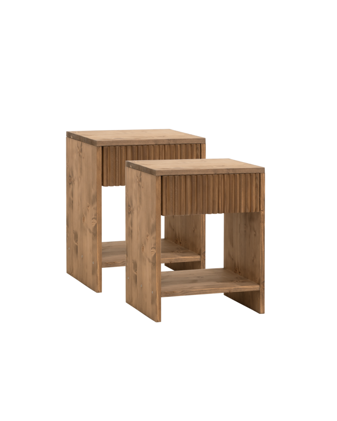 2er Set massives Holz-Nachttisch mit einer Schublade in dunkler Eiche in verschiedenen Größen.