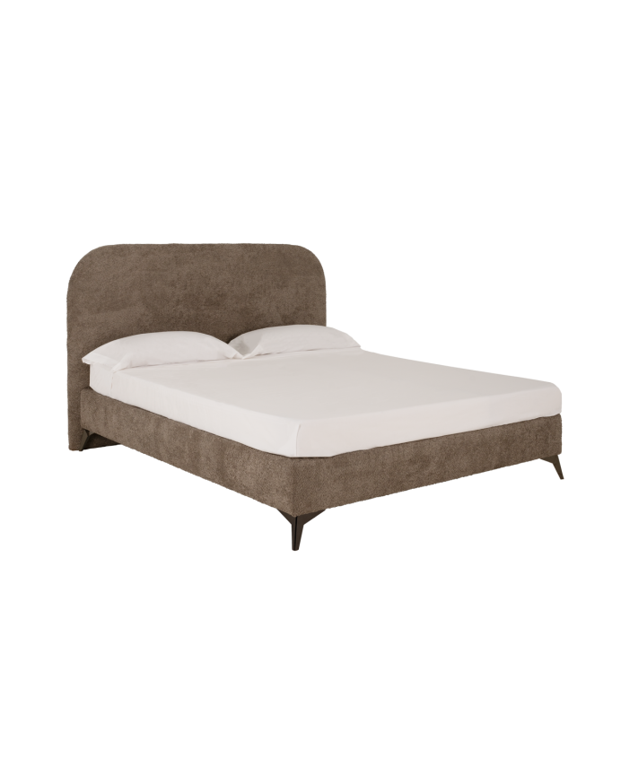 Gepolstertes Bett mit Taupe-Bouclé-Bezug für Matratzen in verschiedenen Größen.