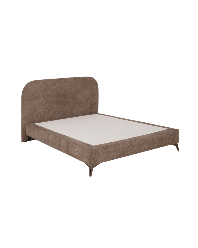 Gepolstertes Bett mit Taupe-Bouclé-Bezug für Matratzen in verschiedenen Größen.