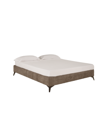 Gepolstertes Bettgestell aus Taupe-Bouclé für Matratzen in verschiedenen Größen.