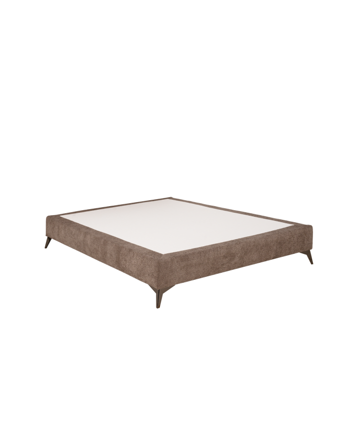 Gepolstertes Bettgestell aus Taupe-Bouclé für Matratzen in verschiedenen Größen.