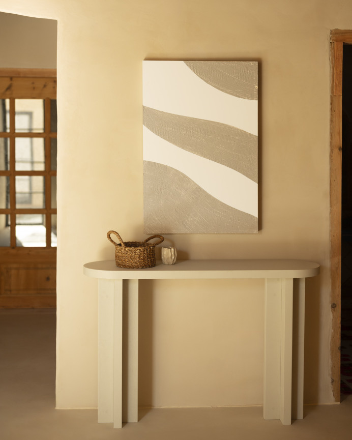 Beiges und weißes dekoratives Gemälde auf Leinwand mit handbemaltem Holzrahmen, gemalt mit Ölfarben in verschiedenen Größen.