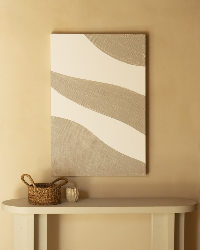 Beiges und weißes dekoratives Gemälde auf Leinwand mit handbemaltem Holzrahmen, gemalt mit Ölfarben in verschiedenen Größen.