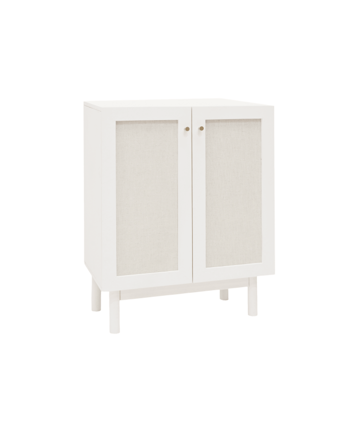Massivholz-Sideboard mit Leinenstoff und 2 Türen in Weiß in den Maßen 100x80cm.