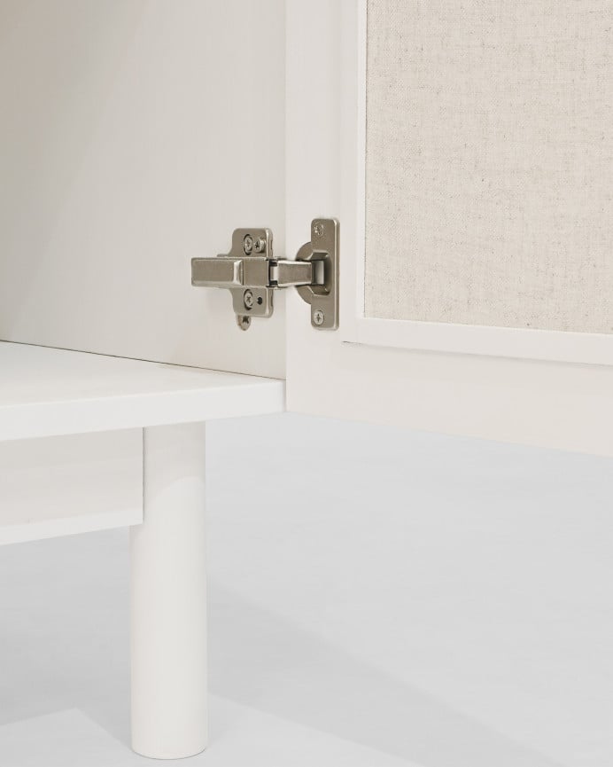 Massivholz-Sideboard mit Leinenstoff und 2 Türen in Weiß in den Maßen 100x80cm.