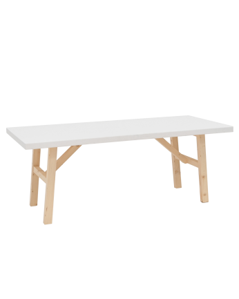 Massivholz-Couchtisch mit natürlicher und weißer Oberfläche.