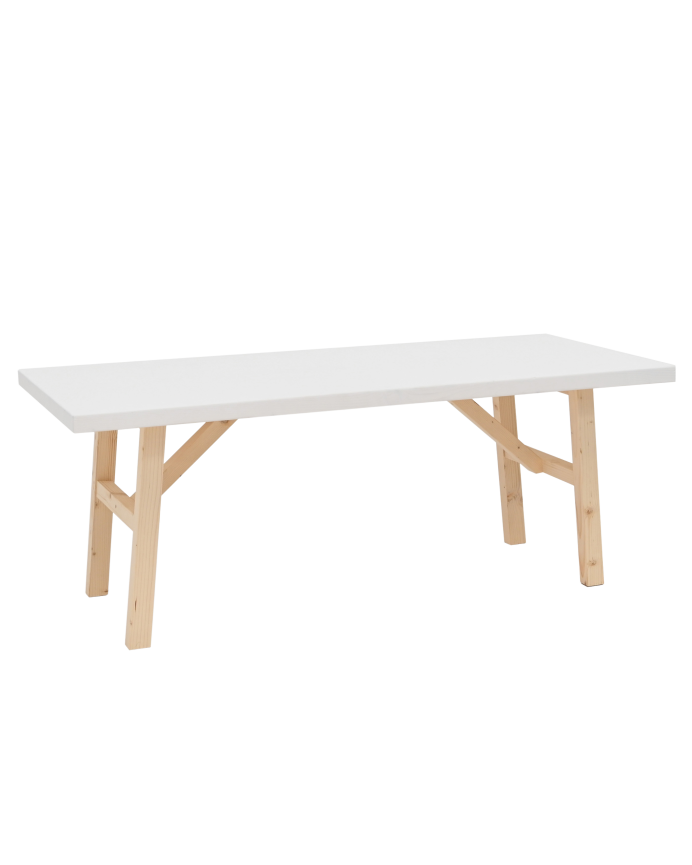 Massivholz-Couchtisch mit natürlicher und weißer Oberfläche.