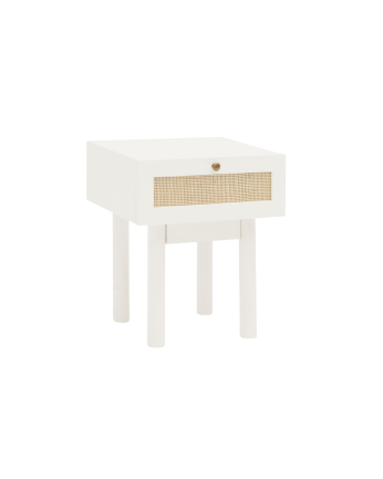 Nachttisch aus Massivholz und Rattan mit einer Schublade in Weiß, Maße 40x45cm.